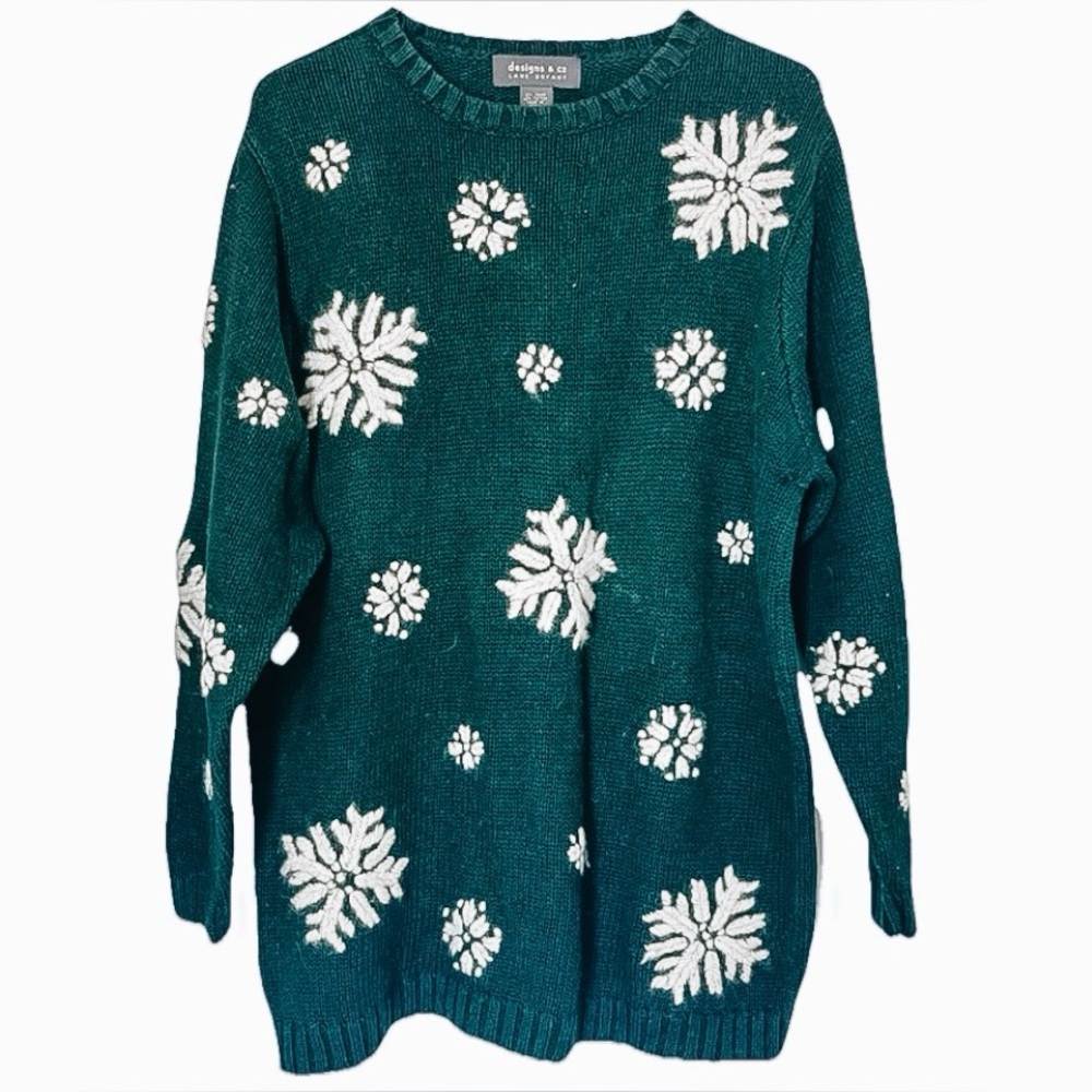 Lane Bryant Dark Green Sweater with Cream Snowflake Design Vintage